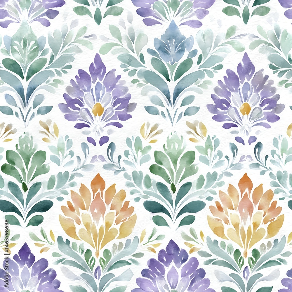 Fototapeta premium Seamless pattern of watercolor damask flowers in soft pastel colors