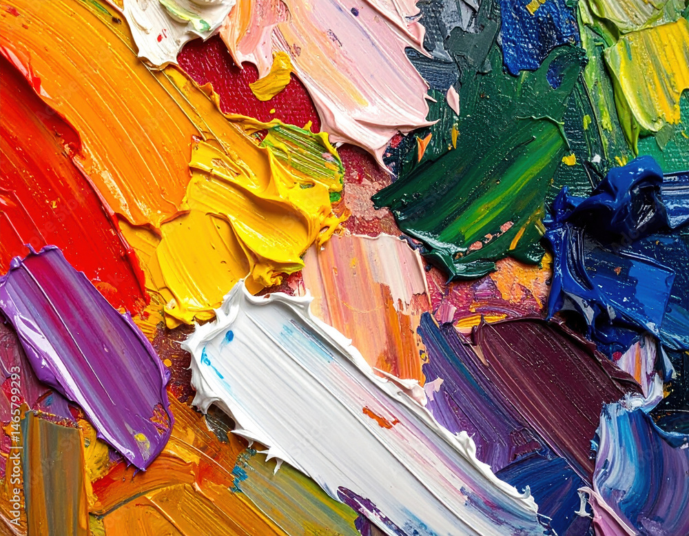 Vibrant oil paint strokes in colorful palette showcasing variety of hues and textures, evoking creativity and artistry