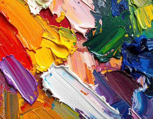 Obraz na płótnie Vibrant oil paint strokes in colorful palette showcasing variety of hues and textures, evoking creativity and artistry w salonie