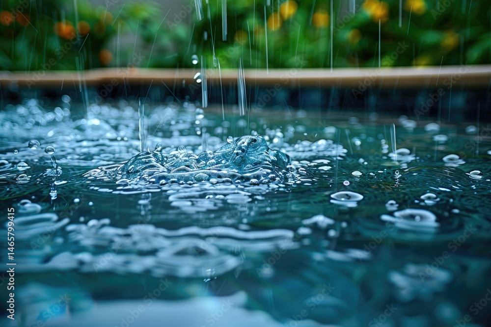 Close-up view of rain splashing into a pool of water. Close-up view of rain splashing into a pool of water.