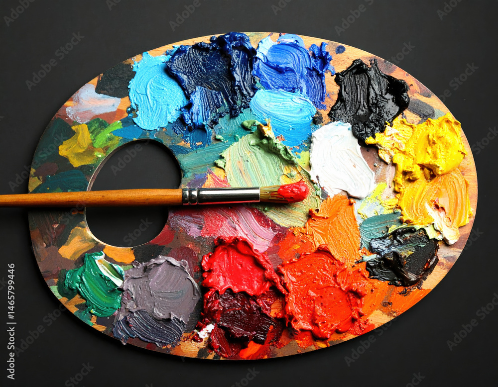 Vibrant oil paint palette with brush showcasing variety of colors on dark background, perfect for artistic expression