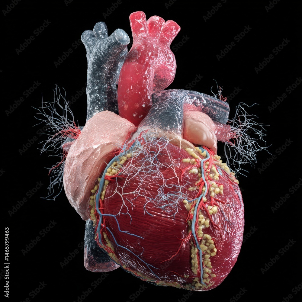 Obraz premium Detailed anatomical model of the human heart on black background.