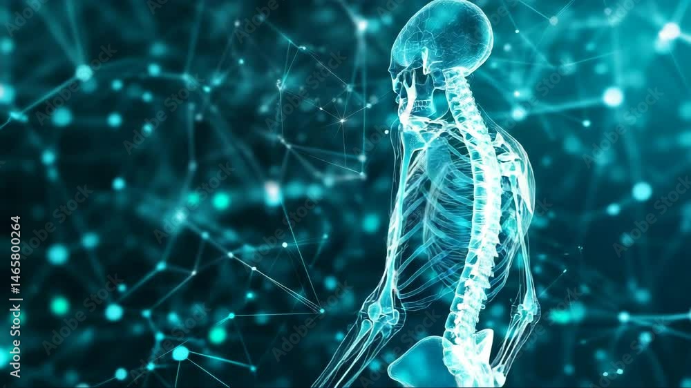 Rotating transparent holographic human skeleton with medical data points and digital overlays, glowing in teal-blue futuristic interface Rotating transparent holographic human skeleton with medical data points and digital overlays, glowing in teal-blue futuristic interface