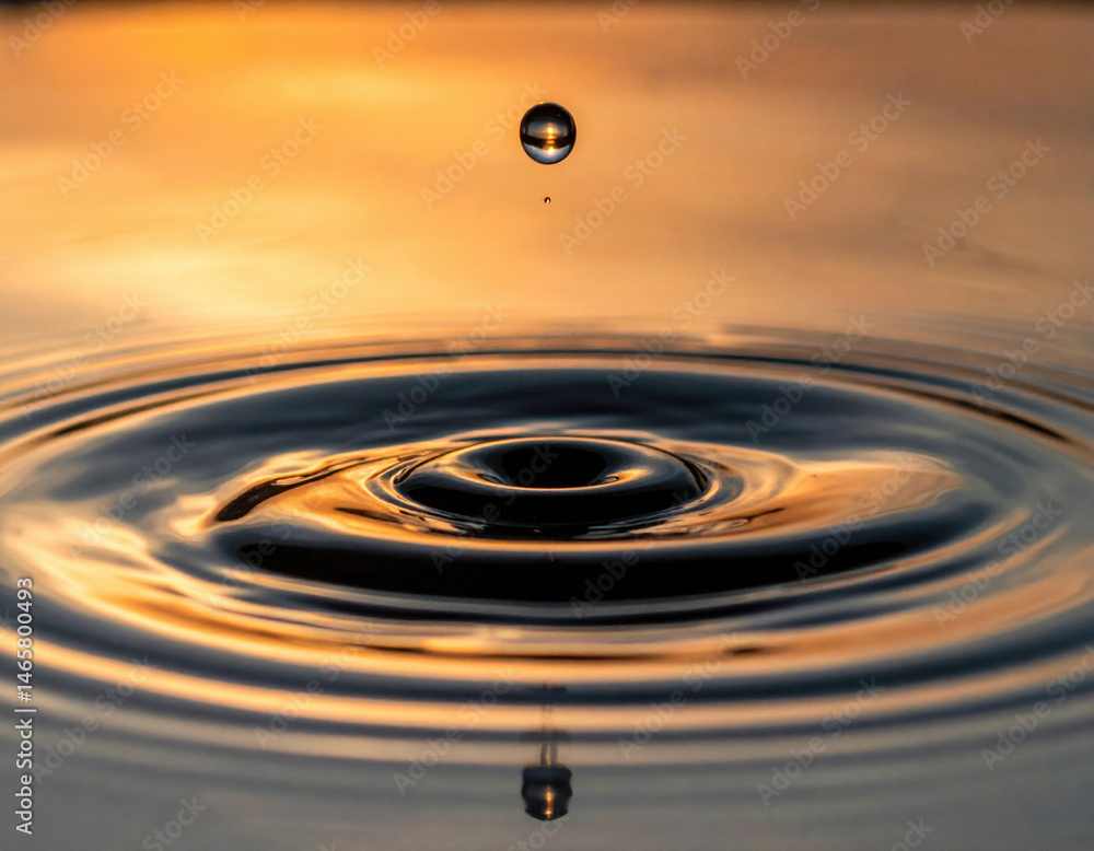 Mesmerizing water drop creates ripples on surface at sunset, reflecting warm hues and evoking tranquility