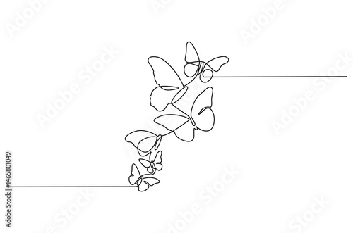 Continuous one line drawing of Flying butterfly. Single line drawing illustration of a lots of butterflies. Spring summer sticker concept vector art. Doodle line illustration.