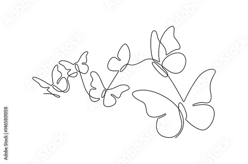 Continuous one line drawing of Flying butterfly. Single line drawing illustration of a lots of butterflies. Spring summer sticker concept vector art. Doodle line illustration.