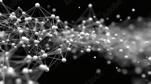 An artistic black and white representation of a complex network made of spheres and lines.