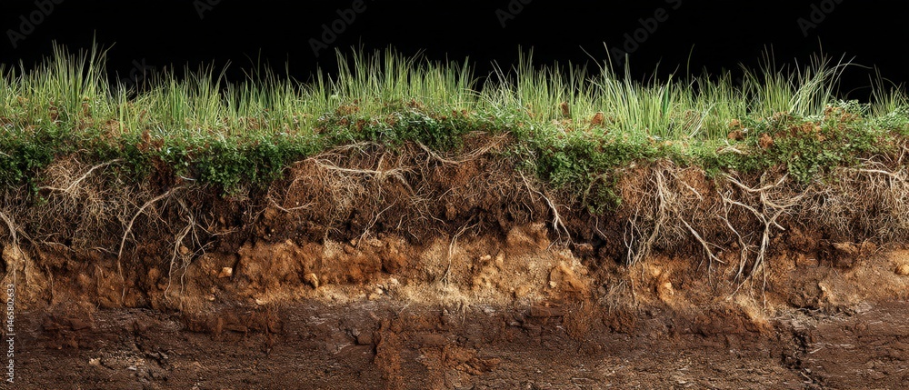 Obraz premium Detailed cross-section of soil layers with grass and roots.