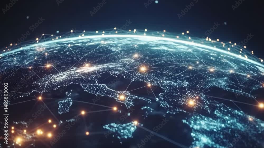 Glowing holographic Earth globe with blue network lines and light pulses, subtle rotation in futuristic digital environment Glowing holographic Earth globe with blue network lines and light pulses, subtle rotation in futuristic digital environment