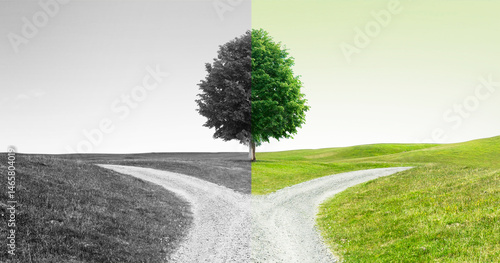 Weggabelung auf einem Weg mit Baum