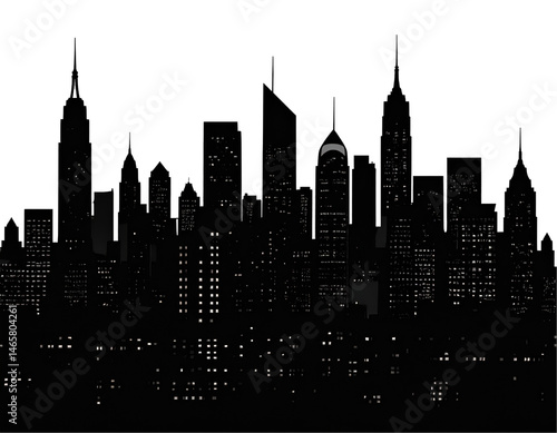 Nighttime City Skyline with Illuminated Buildings and Dark Background