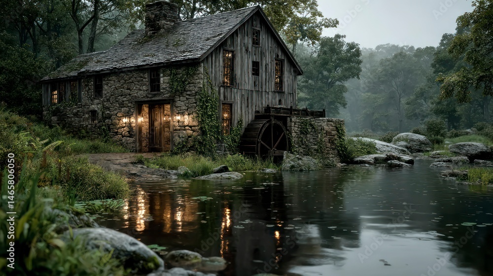 Fototapeta premium Cozy Cottage by the Stream with Illuminated Windows and Water Wheel in a Serene Forest Setting