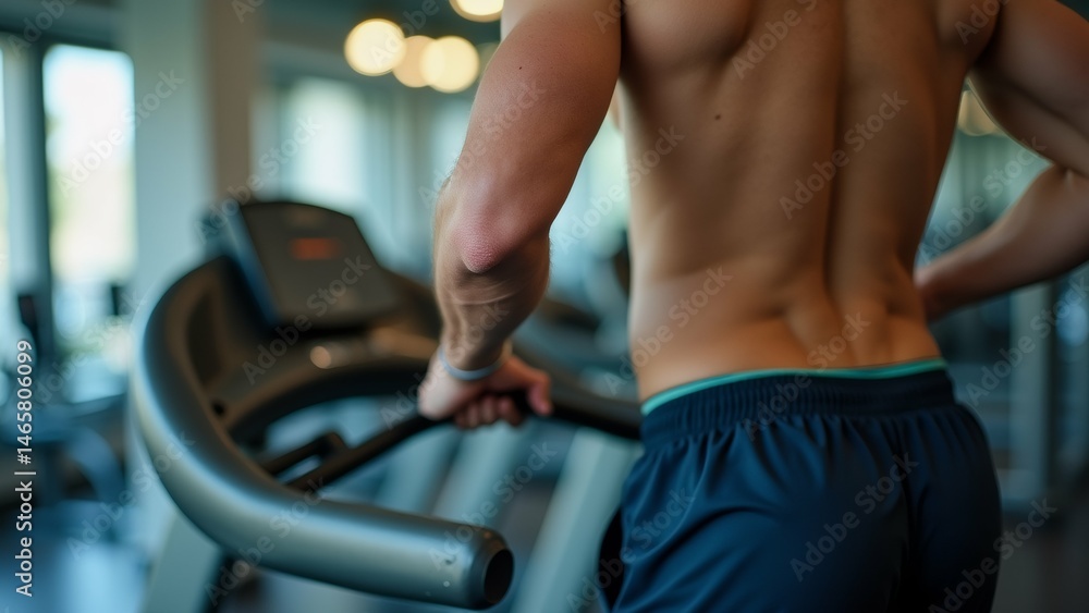 Naklejka premium man running treadmill gym wearing blue shorts his back facing camera his arms stretched out sides his hand resting handlebars treadmill background blurred appears gym exercise equipment windows man