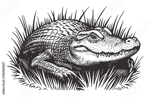 Detailed Engraving of a Crocodile Lazing in Grass Natural Setting