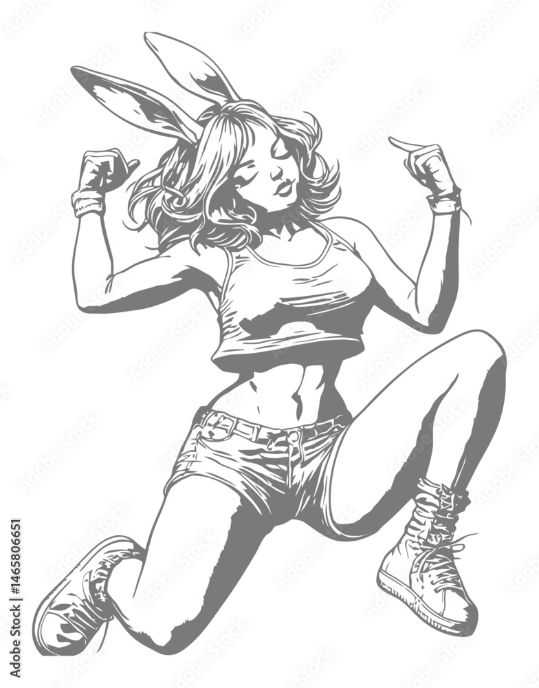 Fototapeta premium Playful Female Rabbit Character with Bunny Ears in Dynamic Pose