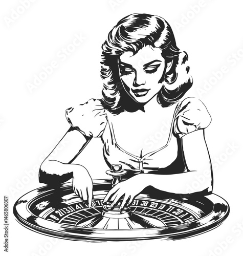 Vintage Style Lady Playing Roulette at Casino Table in Black and White