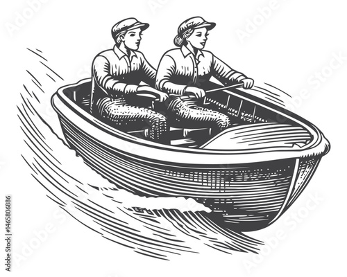 Vintage Rowboat Illustration with Two Rowers in Dynamic Motion