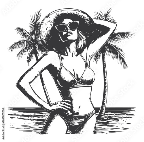 Stylish Woman in Bikini with Sunglasses and Palm Trees in Background