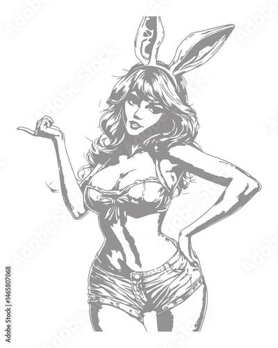 Playful Bunny Girl with Ears and Flirty Pose in Vector Art Design