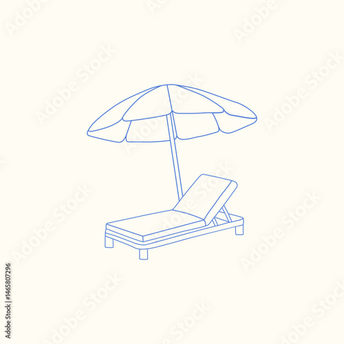Hand-drawn sun lounger and beach umbrella. Summer vacation. Monochrome blue ink illustration. Vector.