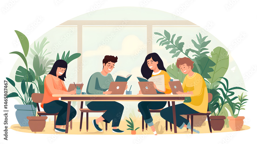 Diverse Group of People Engaged in Studying Together Flat Vector Illustration Diverse Group of People Engaged in Studying Together Flat Vector Illustration