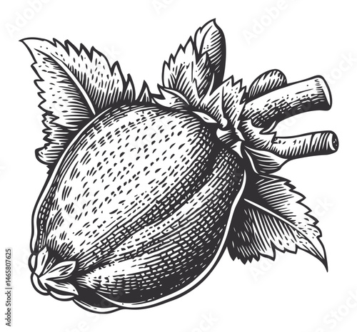 Detailed Vintage Illustration of a Hazelnut with Leaves and Branches