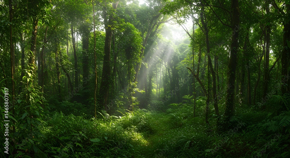 Naklejka premium Sunlight Streaming Through Lush Green Forest Canopy