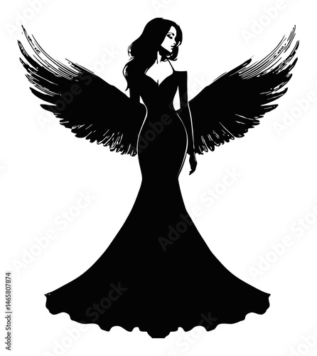 Elegant silhouette of a woman with wings in a flowing gown design
