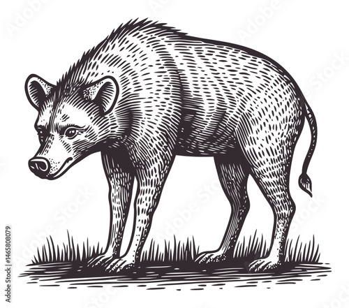 Detailed Illustration of a Hyena in Vintage Woodcut Style Design
