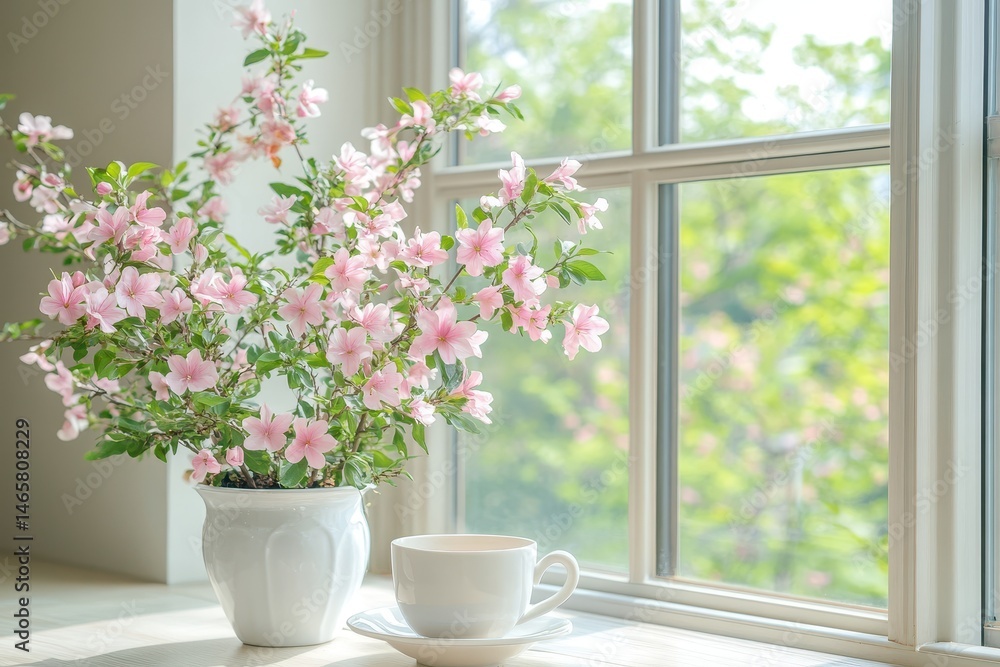 Fototapeta premium A springtime window display of delicate pink flowers.