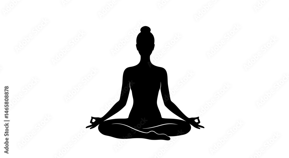 Minimalist vector silhouette of a woman meditating in lotus yoga pose, centered and calm composition ideal for wellness, mindfulness, and relaxation design themes Minimalist vector silhouette of a woman meditating in lotus yoga pose, centered and calm composition ideal for wellness, mindfulness, and relaxation design themes
