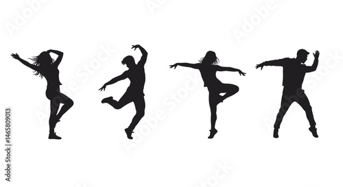 Dynamic vector silhouette of a group of dancers performing expressive moves in sync, representing unity, energy, and rhythm for stage or entertainment-themed artwork