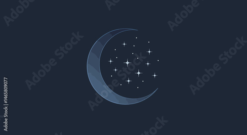 Simple vector silhouette of a crescent moon with surrounding stars, minimalist line art design perfect for night sky, celestial, and dreamy thematic projects