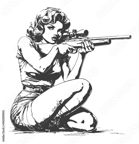 Vintage Female Shooter with Rifle in Classic Black and White Style