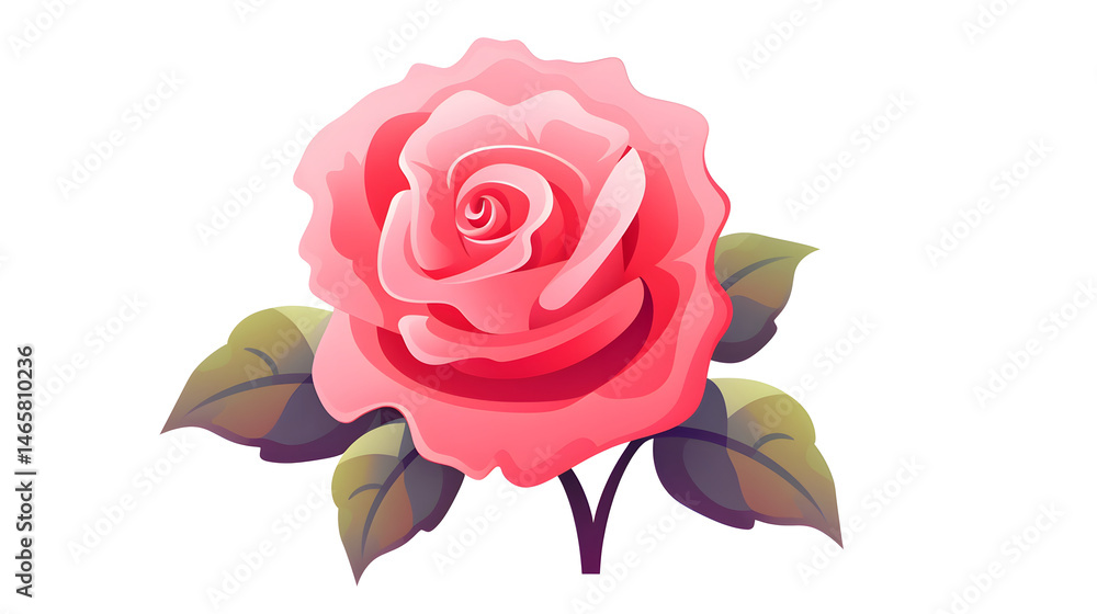 Detailed flat vector cartoon illustration of an isolated rose flower in vibrant colors Detailed flat vector cartoon illustration of an isolated rose flower in vibrant colors
