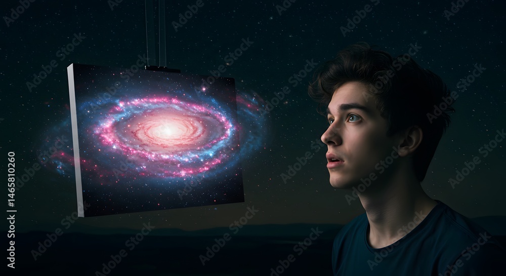 Fototapeta premium Man looking at galaxy artwork hanging in dark room space art cosmic exploration astronomy print wall decor