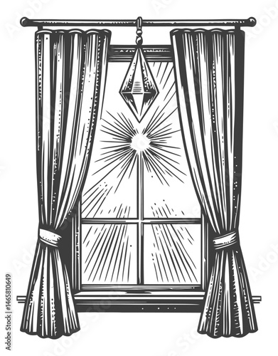 Hand-Drawn Illustration of a Window with Curtains and Sunlight Rays