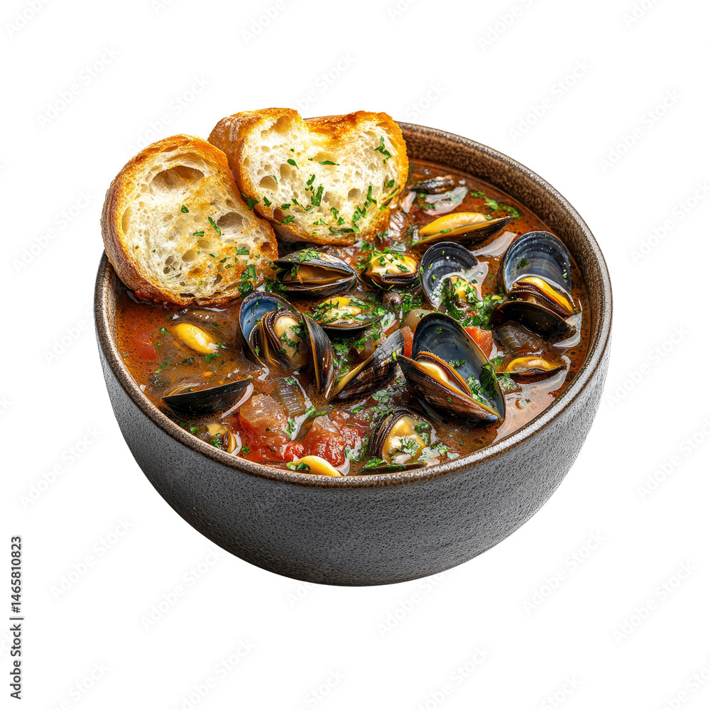 Fototapeta premium Delicious Mussel Soup with Crusty Bread in a Rustic Bowl