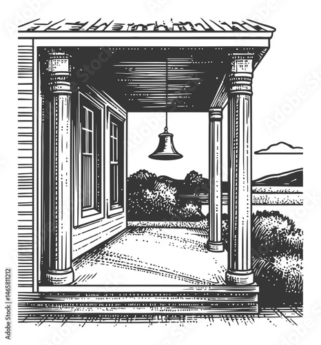 Vintage Bell on Porch with Columns and Scenic Landscape Creative Vector Art