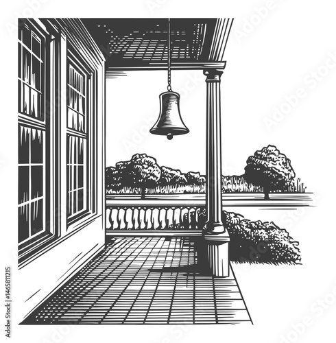 Detailed Illustration of a Rustic Bell Hanging on a Porch with Nature Background