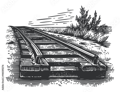 Vintage Rail Track Illustration with Overgrown Shrubs in Black and White