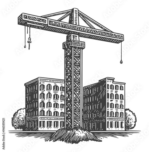 Vintage Woodcut Style Construction Crane with Buildings and Trees