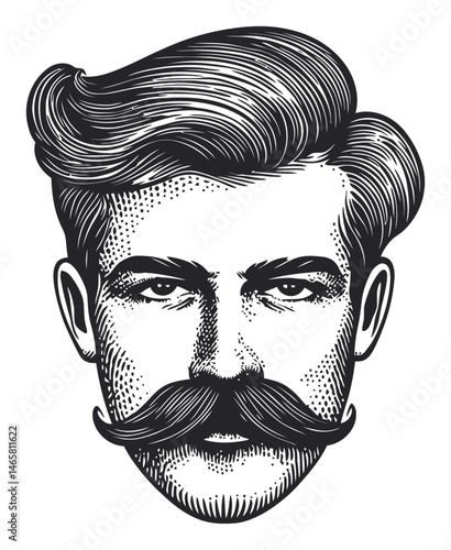 Vintage Monochrome Illustration of a Handsome Man with Mustache