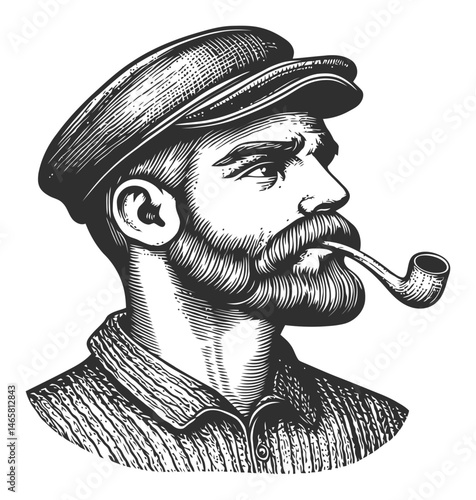 Vintage Illustration of a Man with Pipe and Cap in Black and White Style