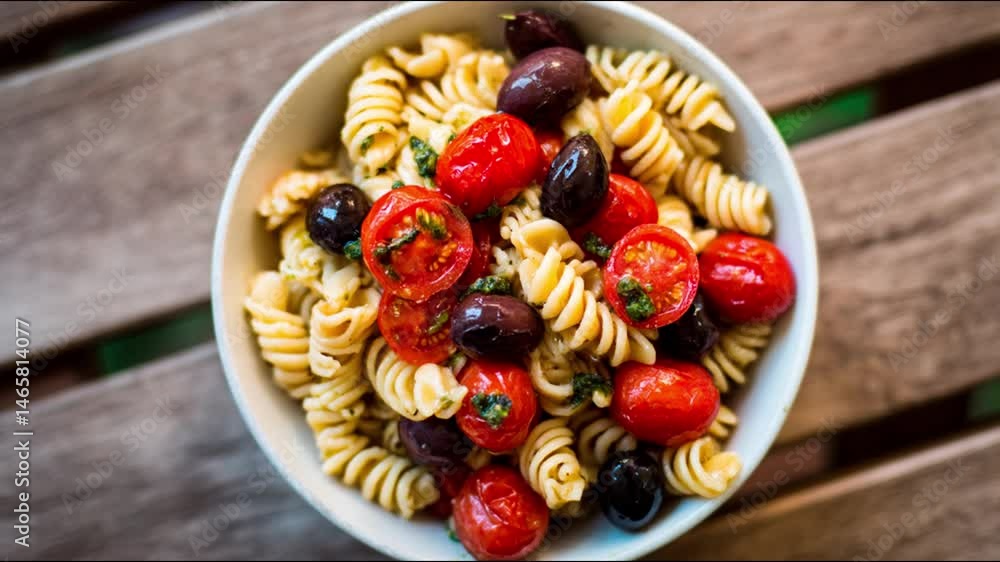 Pasta salad with cherry tomatoes and olives in a bowl Pasta salad with cherry tomatoes and olives in a bowl