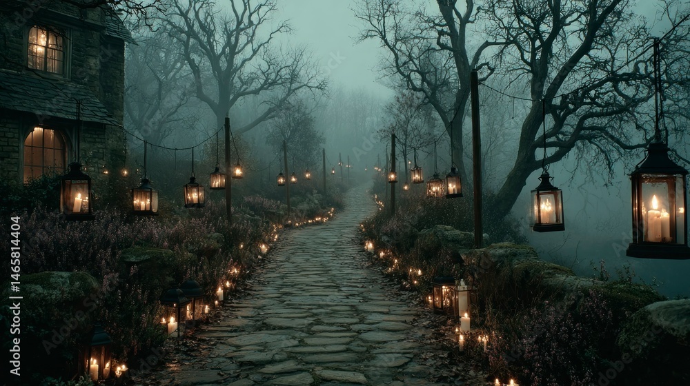 Fototapeta premium Enchanted Pathway Illuminated by Lanterns in a Mystical Forest Setting
