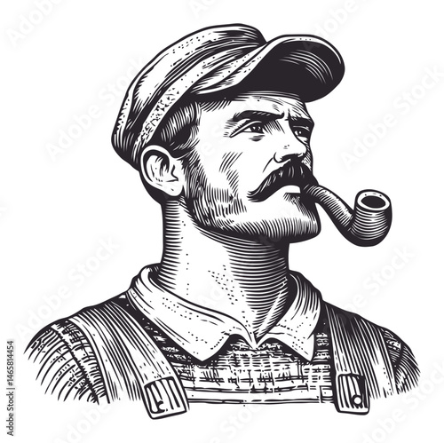 Vintage Vector Illustration of a Smiling Man with a Pipe and Hat