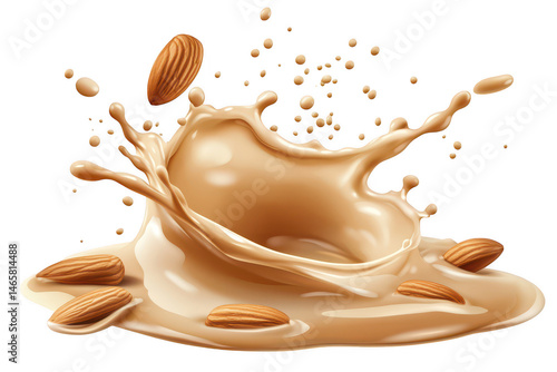 Almonds splashing into beige almond milk with dynamic motion and detailed droplets, isolated on a transparent background