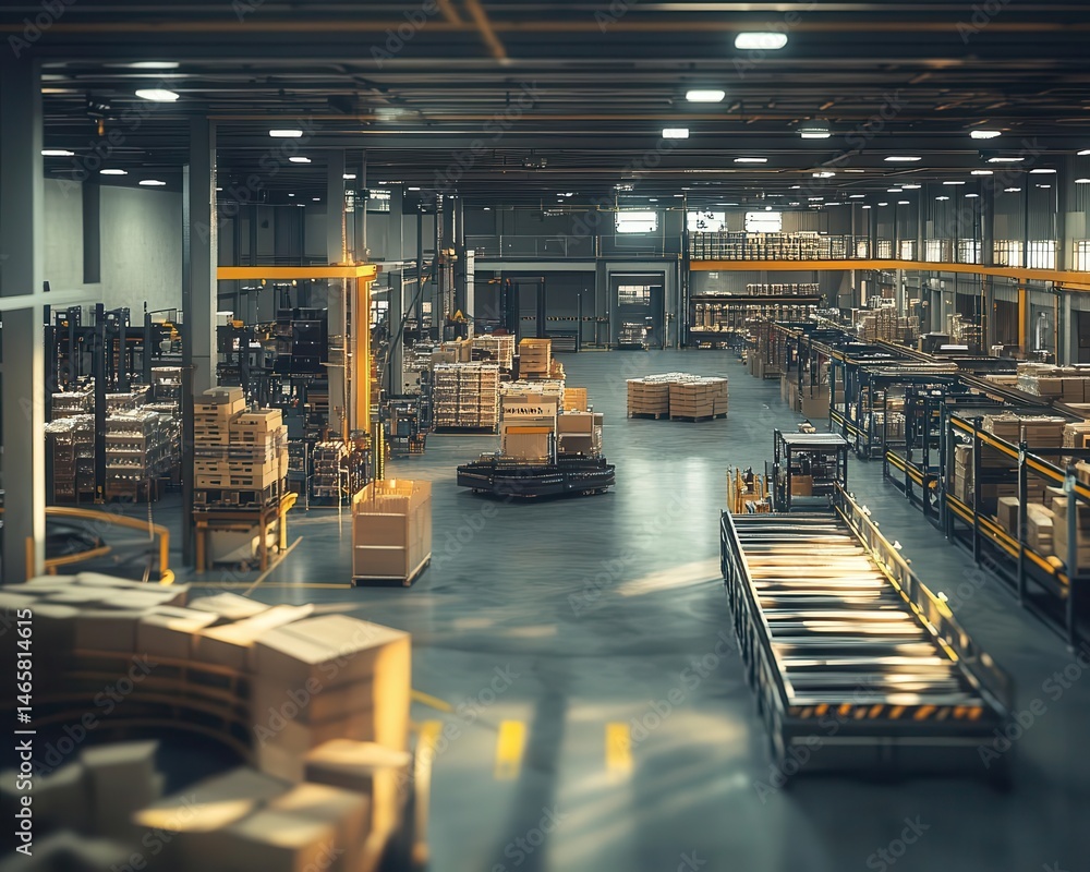 A wideangle view of a packing station in a busy warehouse, Packing Area, Organized and active