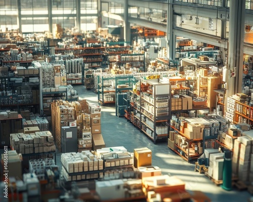 Obraz na płótnie A wideangle view of a packing station in a busy warehouse, Packing Area, Organized and active w salonie